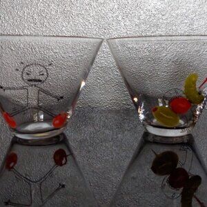 CB2 Crate & Barrel Oliver Martini Cocktail Glasses Stabbed Olive